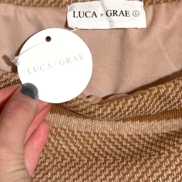 Luca + Grae NWT Bodycon Lined Lg Elastic Waist Woven Nude/Tan Stripe Mini Skirt - Picture 4 of 16